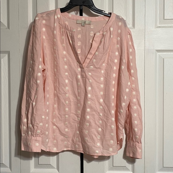 LOFT Tops - LOFT Pink & white cotton blend Dot Pullover Blouse top shirt size LARGE